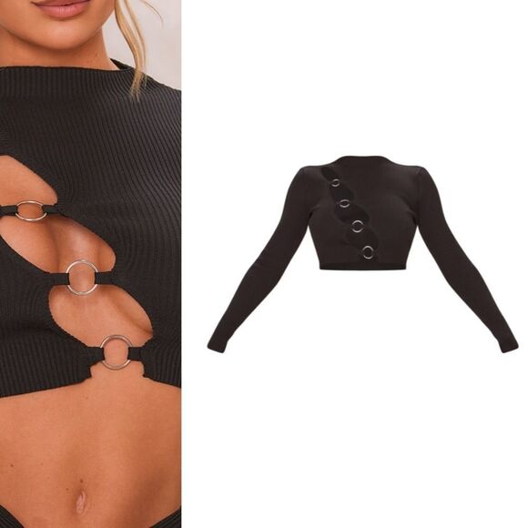 PRETTY LITTLE THING - BLACK RING FRONT CUT OUT LONG SLEEVE KNIT TOP - Picture 2 of 6
